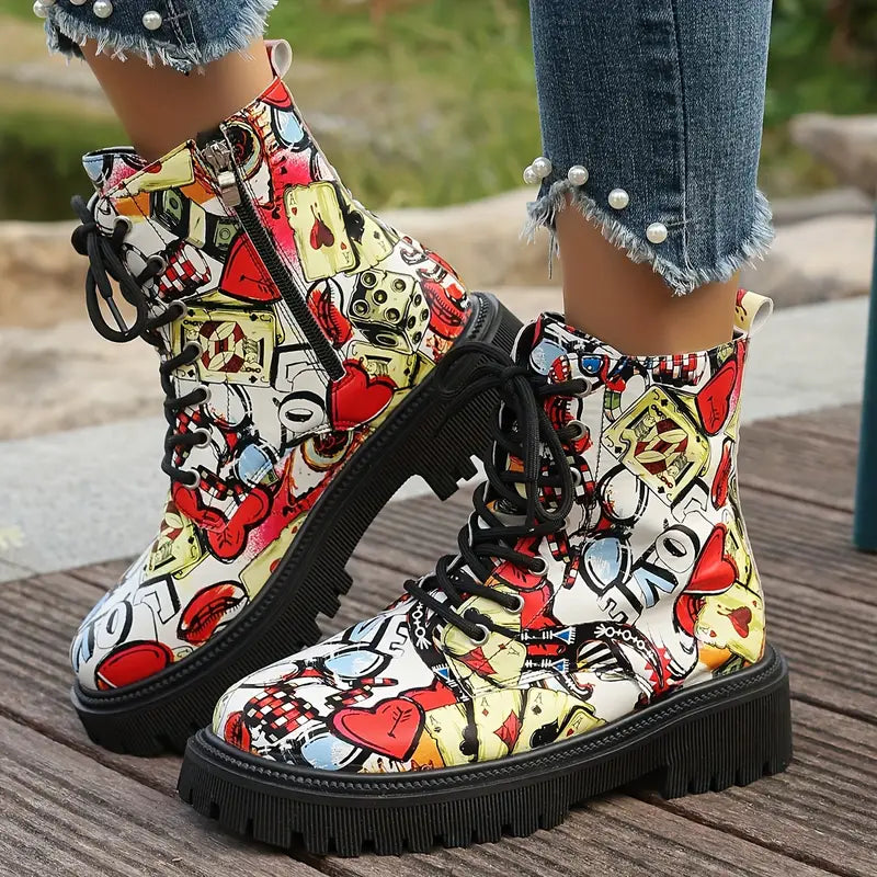 Ankle Boots Cartoon Print Rounded Toe