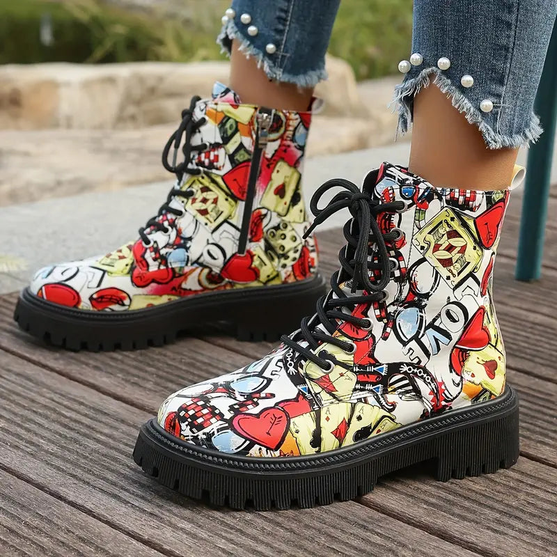 Ankle Boots Cartoon Print Rounded Toe