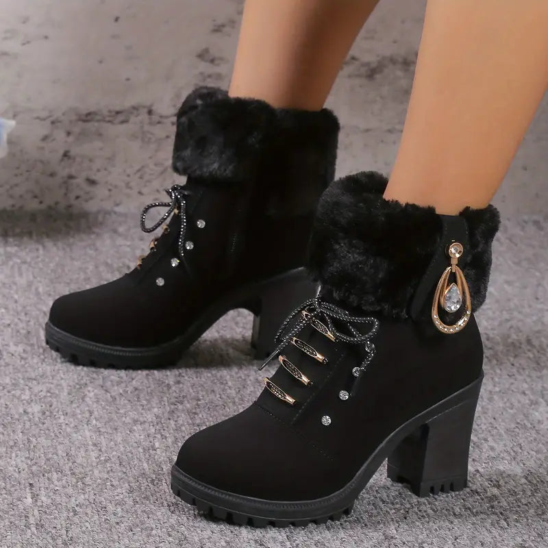Ankle Boots Plush Material Rhinestone Detail