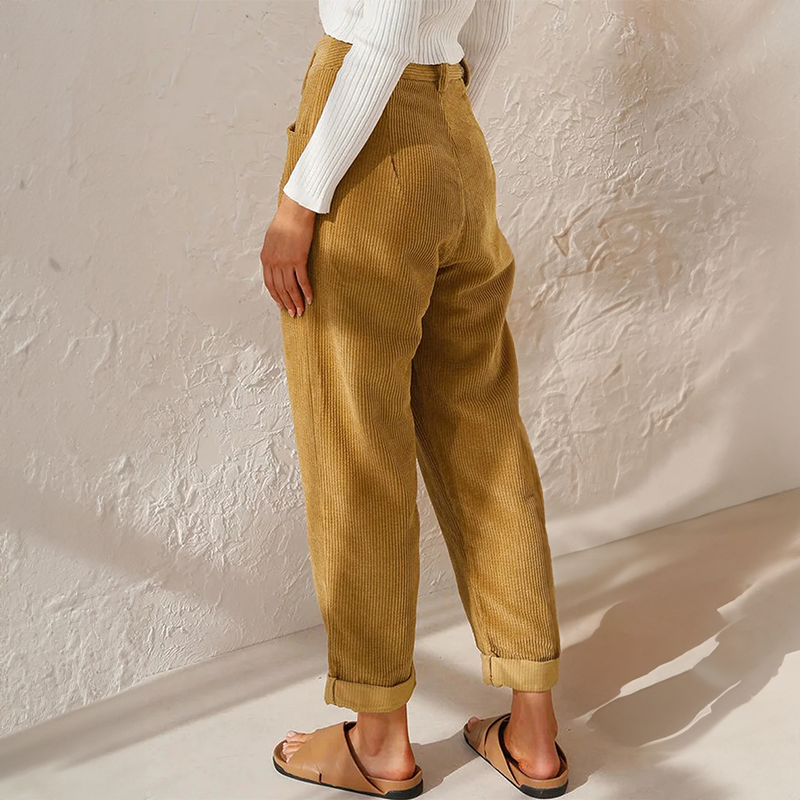 Casual Ribbed Trousers Loose Fit Ankle Length