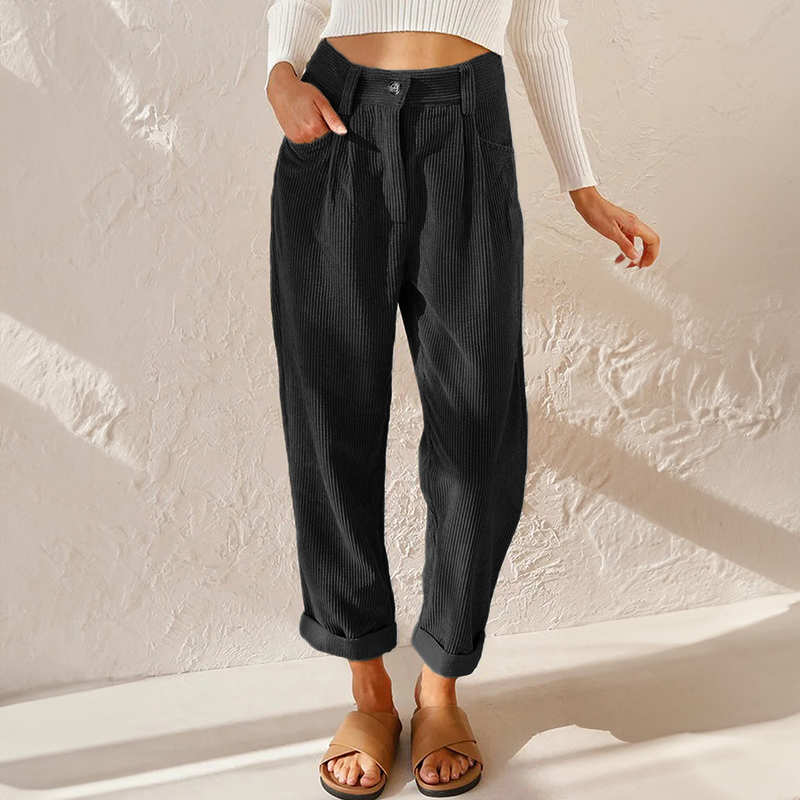 Casual Ribbed Trousers Loose Fit Ankle Length