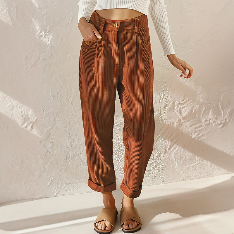 Casual Ribbed Trousers Loose Fit Ankle Length