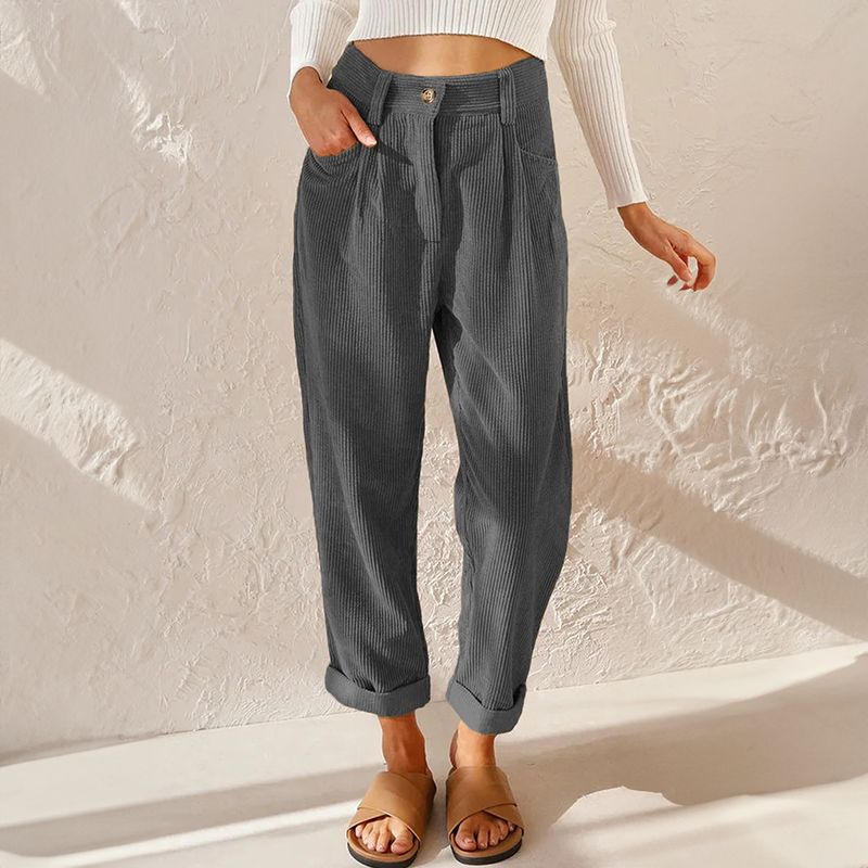 Casual Ribbed Trousers Loose Fit Ankle Length