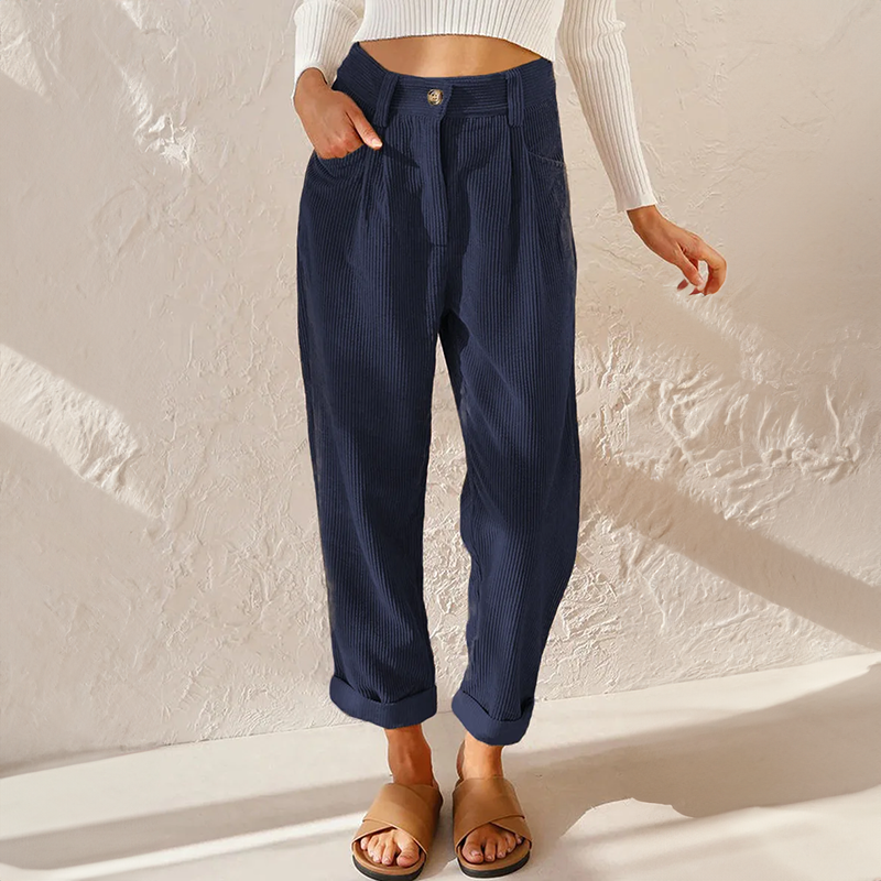 Casual Ribbed Trousers Loose Fit Ankle Length