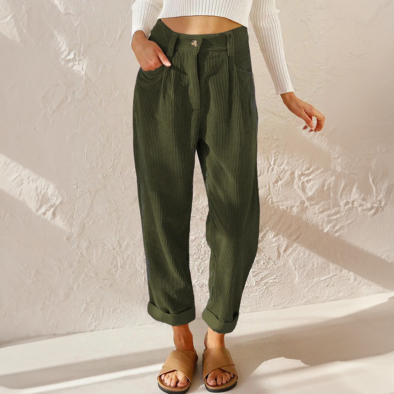 Casual Ribbed Trousers Loose Fit Ankle Length