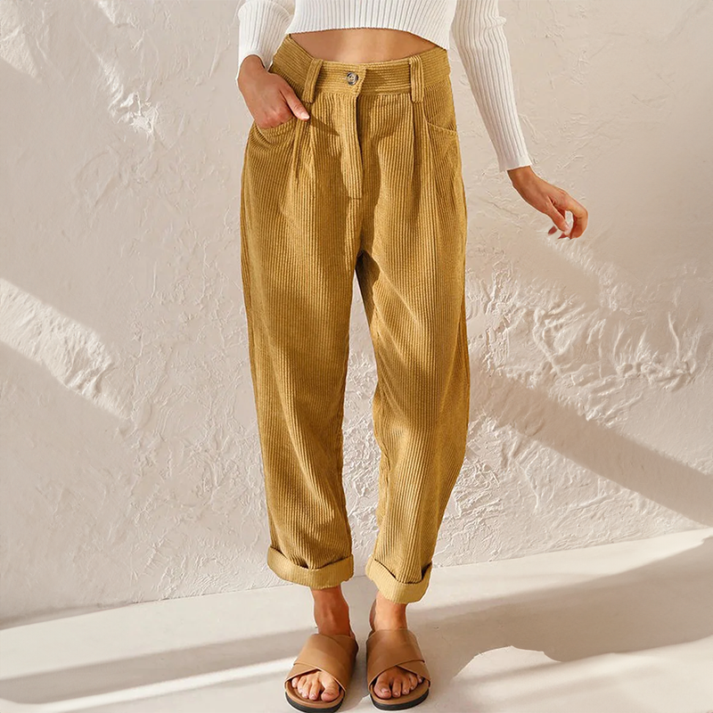 Casual Ribbed Trousers Loose Fit Ankle Length