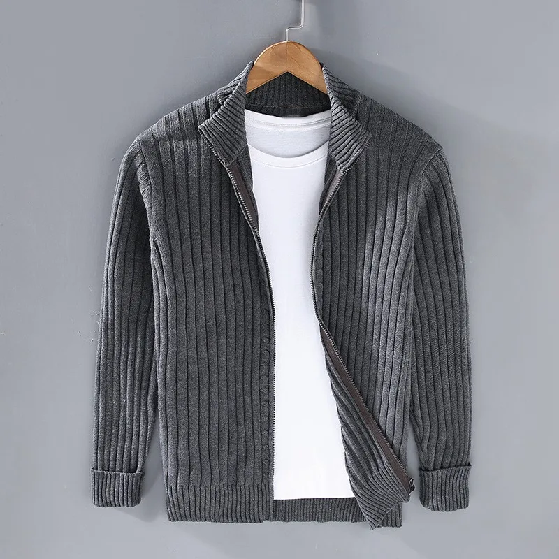 Men's Cardigan Straight Fit Long Sleeve with Roll-Neck Collar and Front Zip Closure