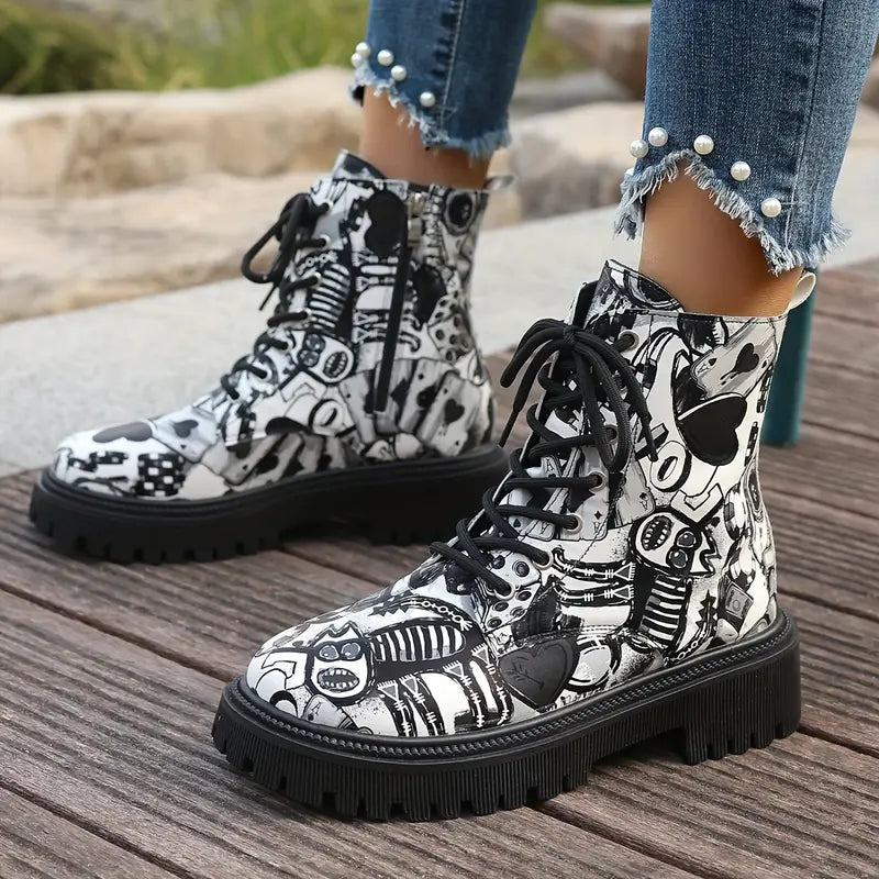 Ankle Boots Cartoon Print Rounded Toe