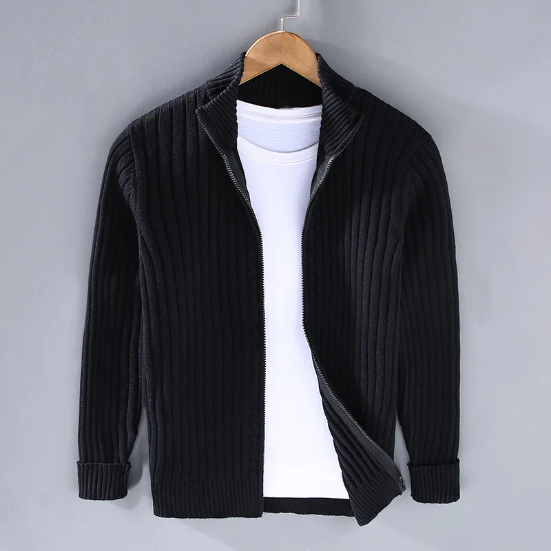 Men's Cardigan Straight Fit Long Sleeve with Roll-Neck Collar and Front Zip Closure